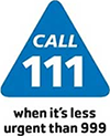 NHS 111 logo, blue triangle with white numbers 111 in the centre